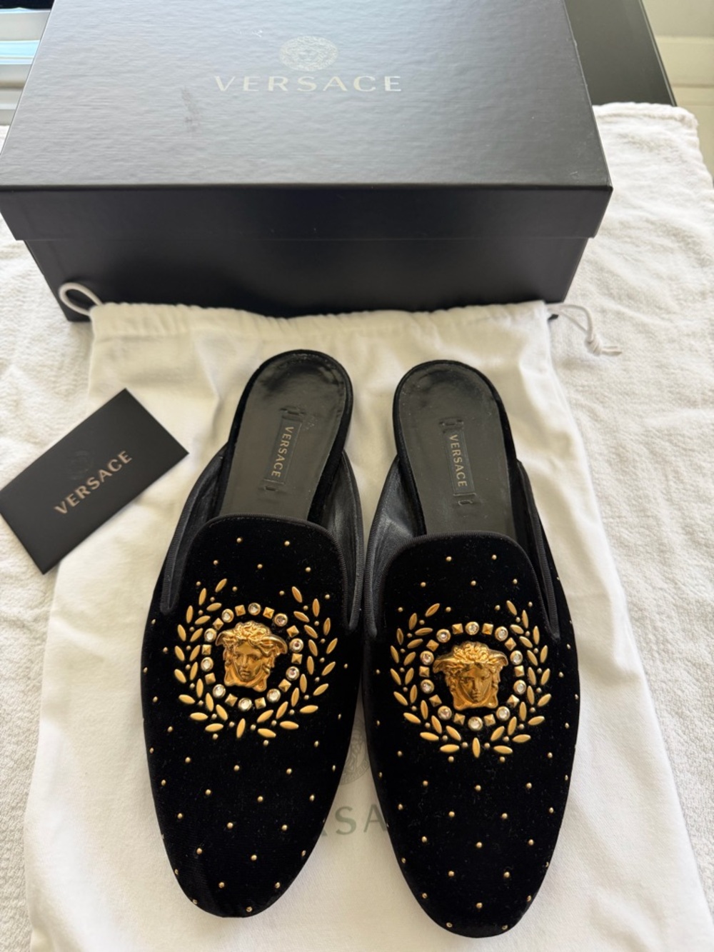 Versace Black Velvet Slip-On Loafers with Gold Medusa Accents